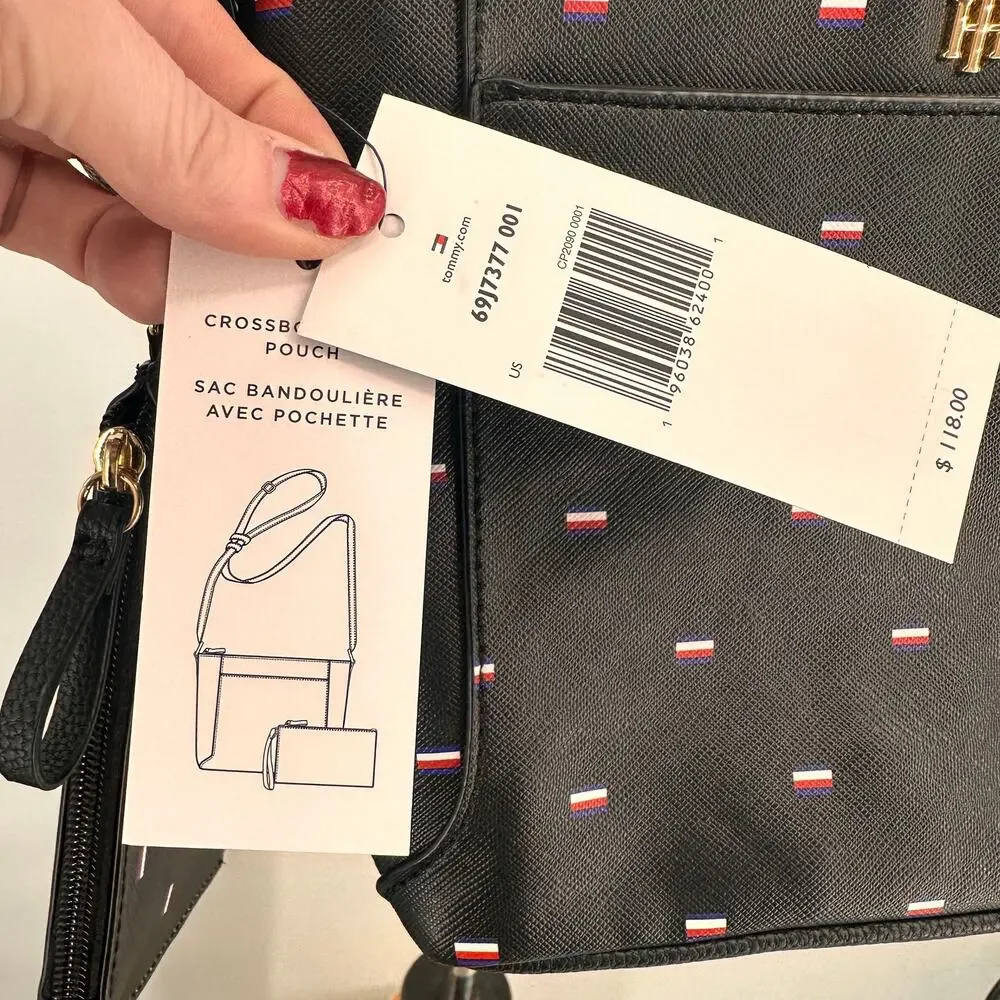 Tommy Hilfiger Women's BLACK Faux Leather Logo Crossbody Purse with Pouch NWT